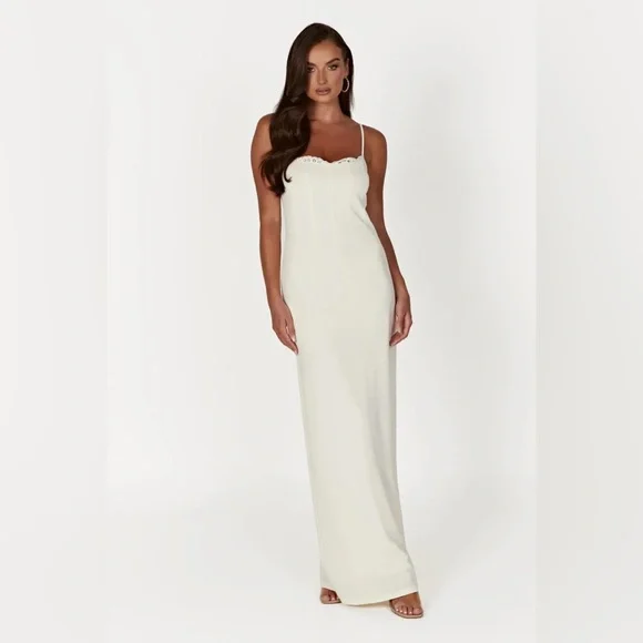 MESHKI Amorette Lace Trim Maxi Dress in Bone Size Medium - Picture 4 of 16